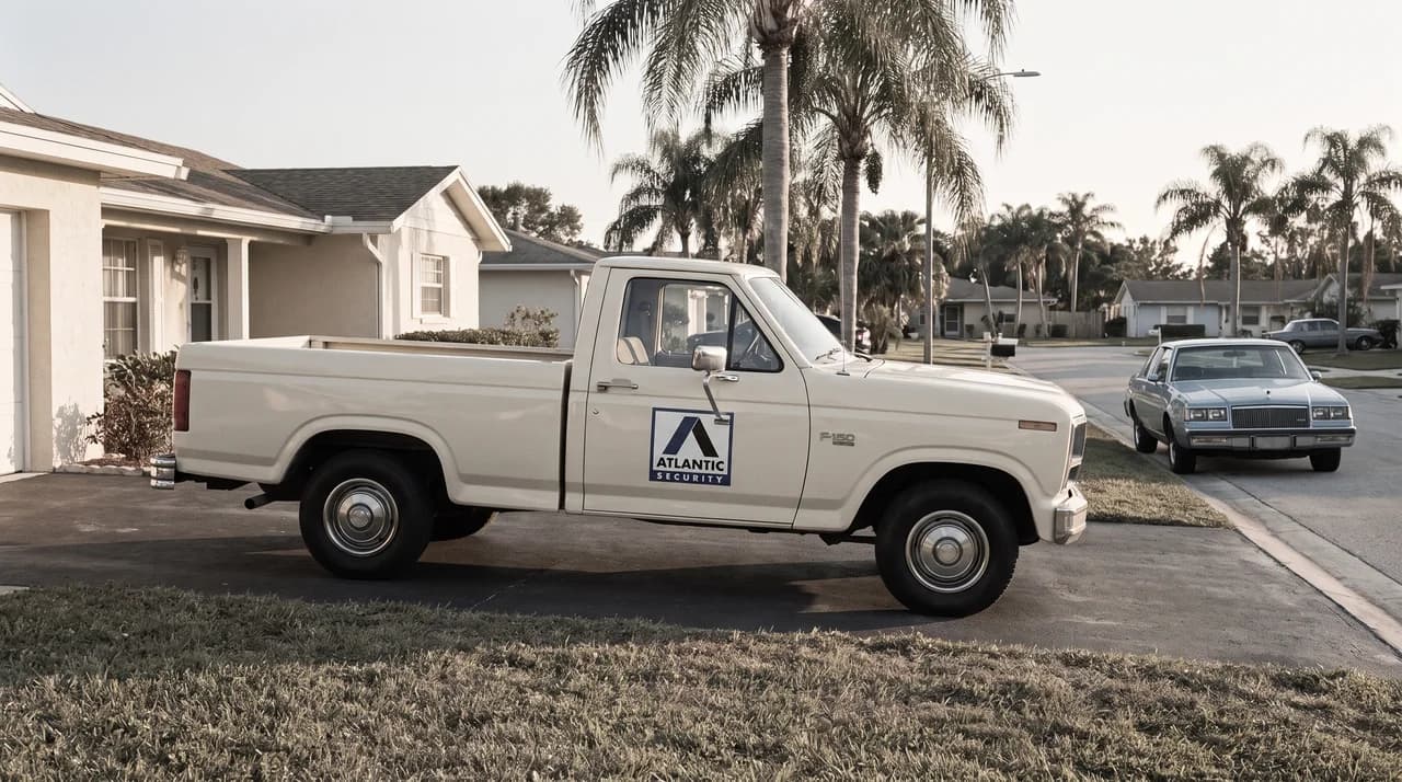 An Atlantic Security service truck parked in a Florida driveway, palm trees along the street